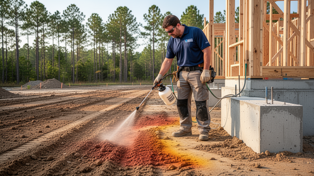 New construction termite pretreatment on a home site in New Bern NC